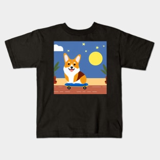 Skateboarding Corgi Dog Kids T-Shirt